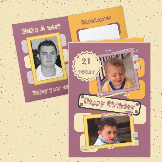 For men add photos burgundy orange 21st Birthday Card (Creator Uploaded)