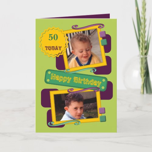 For men add photos green purple 50th Birthday Card