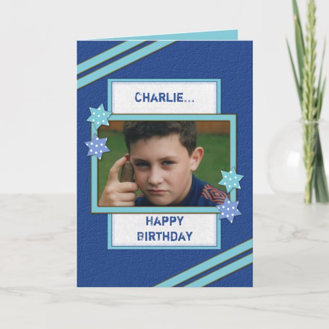 For men with name and photo blue birthday card (Front)