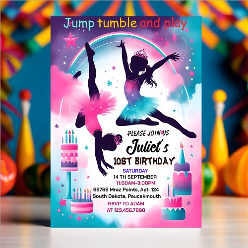 for modern cute Jump girl gymnastics 10th birthday Invitation