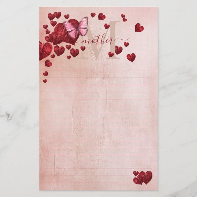 For Mom Butterfly Heart-Shaped Leaves Bouquet Stationery (Front)