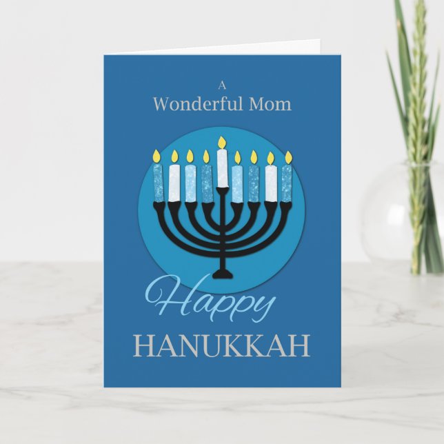 For Mom Hanukkah Menorah on Dark Blue Card (Front)