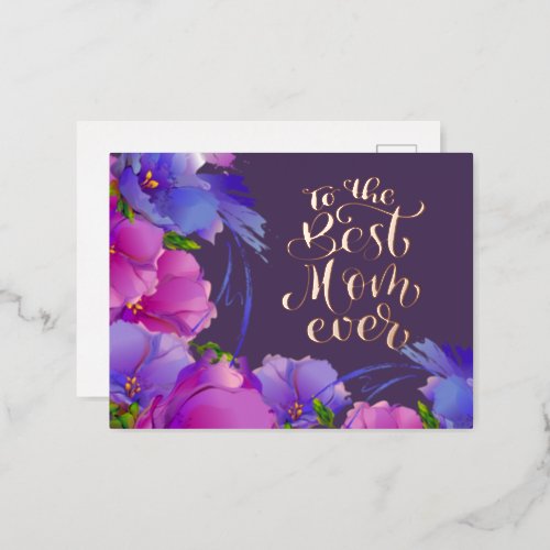 For Mom on Mothers Day Watercolor VIolet Flowers Foil Holiday Postcard
