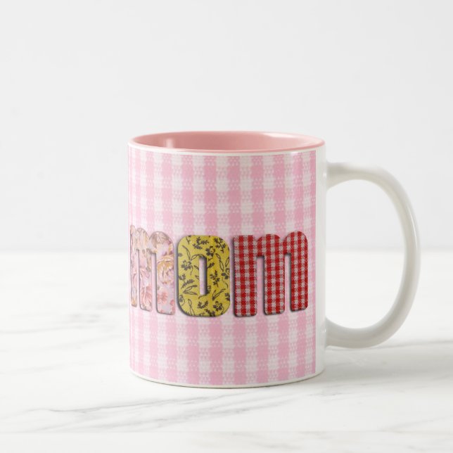 For Mom  (patchwork quilted text ) Two-Tone Coffee Mug (Right)