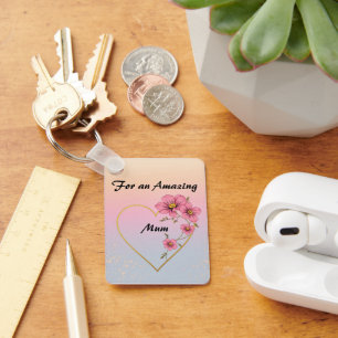 For Mom Pink Floral Gold Heart Mother's day Keychain