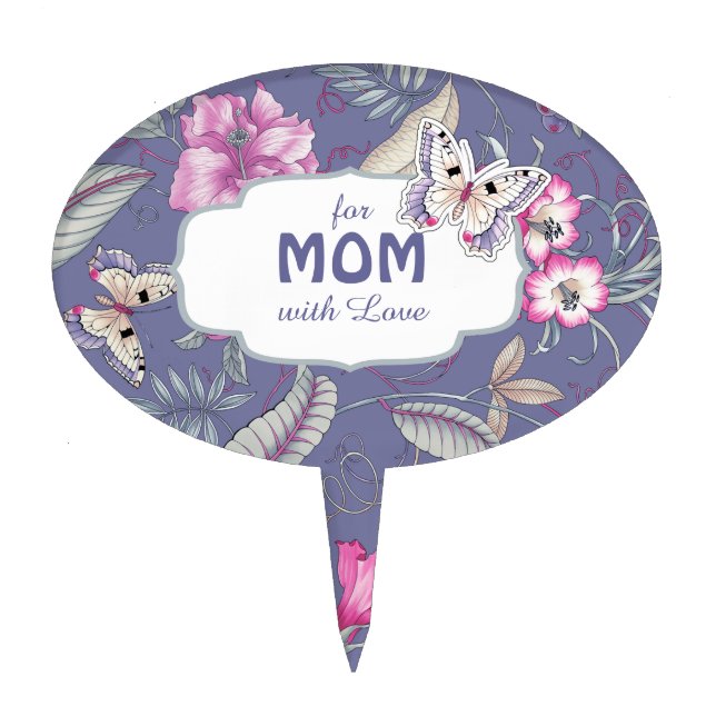 For Mom with Love. Butterfly and Flowers Custom Cake Topper (Front)