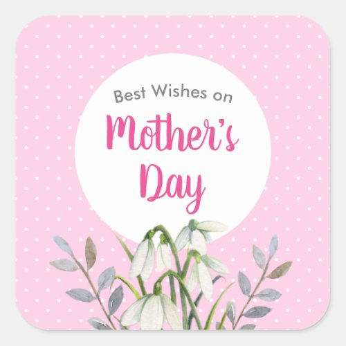 For Mothers Day White Snowdrops Pink Polka Dots Square Sticker