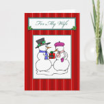 For My Wife Christmas Holiday Card<br><div class="desc">Cute snowman themed Christmas cards for wives. These Christmas cards feature a red striped background with a snowman and snowwoman giving each other Christmas gifts. Customize the inside of the card to add your name.</div>