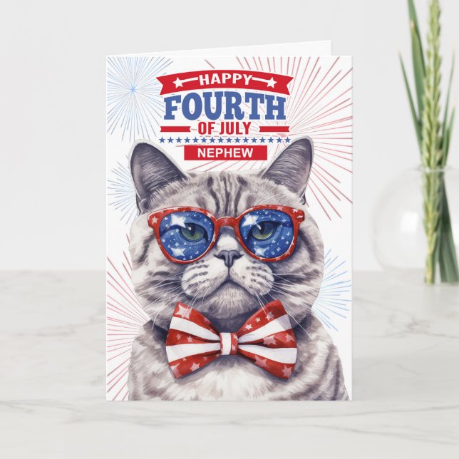 for Nephew 4th of July Cute Patriotic Cat Holiday Card (Front)