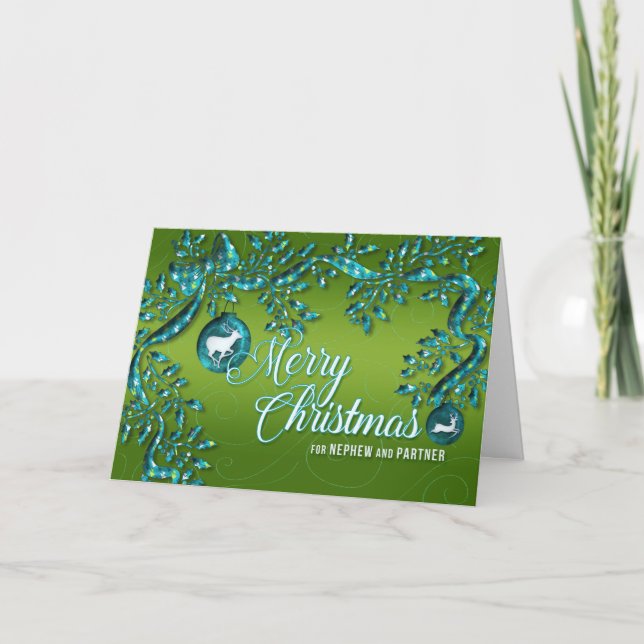 for Nephew and Partner Green Turquoise Christmas Holiday Card (Front)