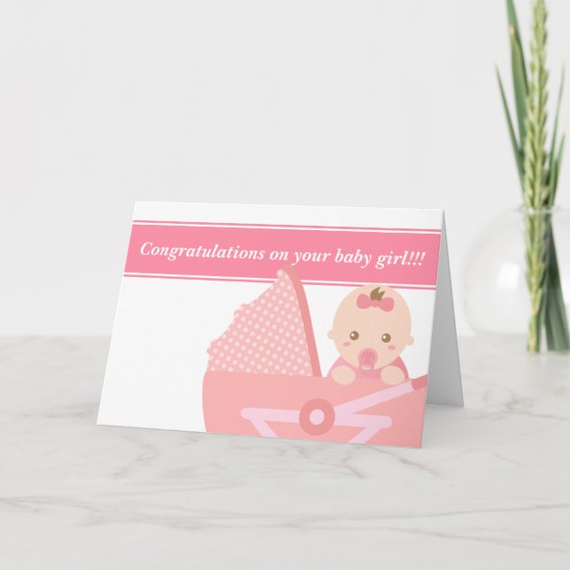 For new parents - cute baby girl in pink stroller card (Front)
