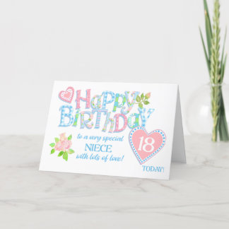 For Niece 18th Birthday Roses Hearts Word Art Card