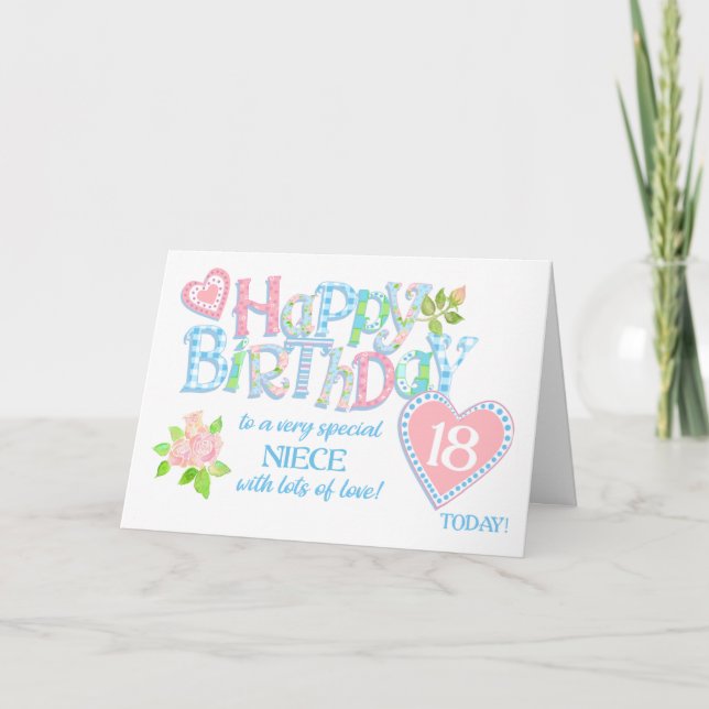 For Niece 18th Birthday Roses Hearts Word Art Card (Front)