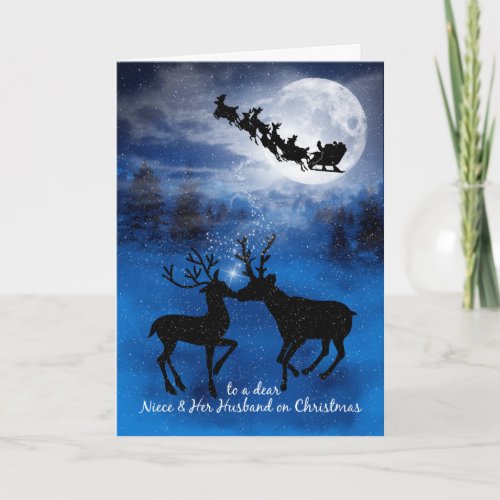 for Niece and Husband Kissing Reindeer Christmas Holiday Card