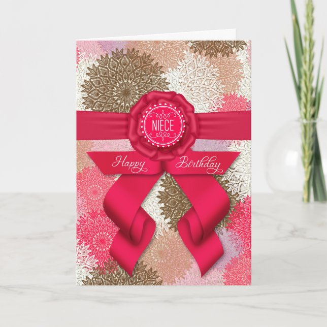 for Niece Deep Rose Pink Ribbon Birthday Card (Front)