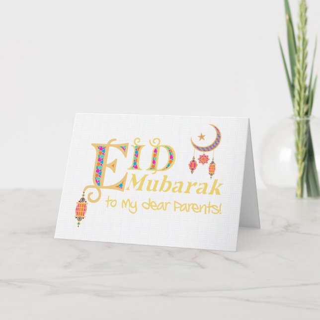 For Parents Eid  Mubarak Lanterns Moon Stars Card (Front)