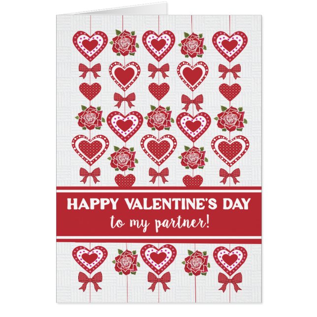 For Partner Valentine's Red Roses Hearts Bows Cards (Front)