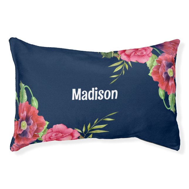 For Pet Red and Pink Flowers Dark Navy Blue Bed (Front)