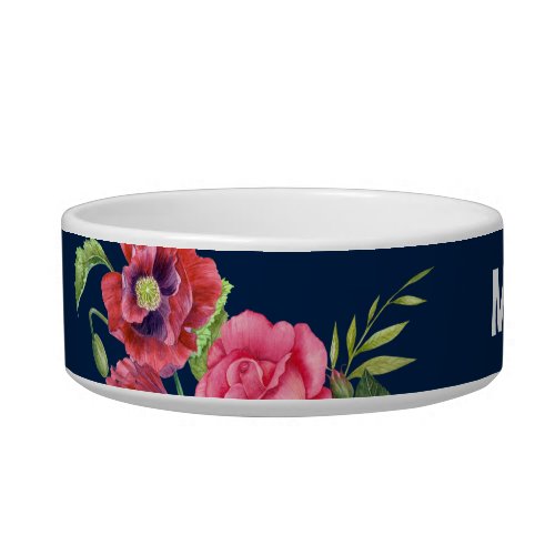 For Pet Red and Pink Flowers Dark Navy Blue Bowl