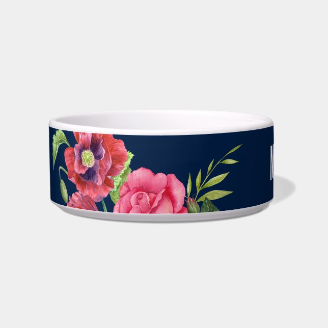 For Pet Red and Pink Flowers Dark Navy Blue Bowl (Left)