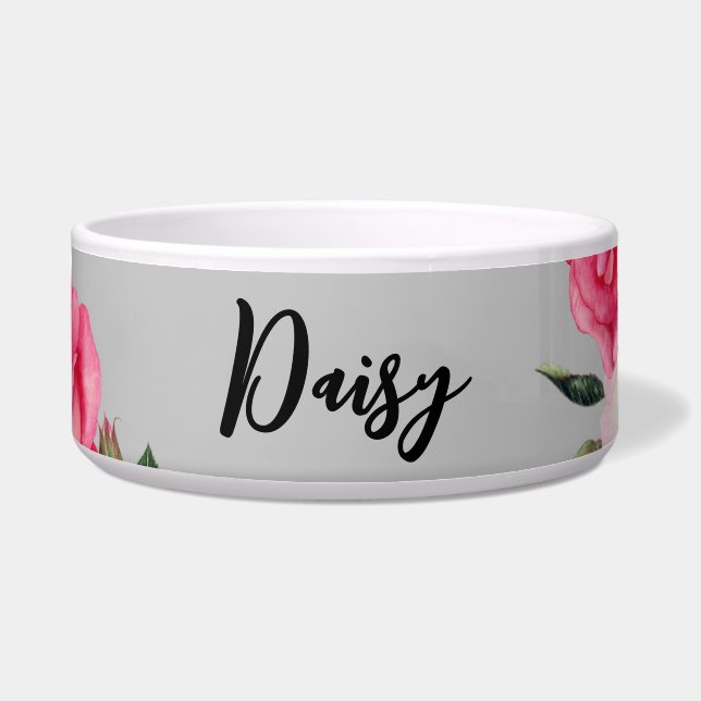 For Pet Vibrant Pink White Roses Plain Gray Bowl (Front)