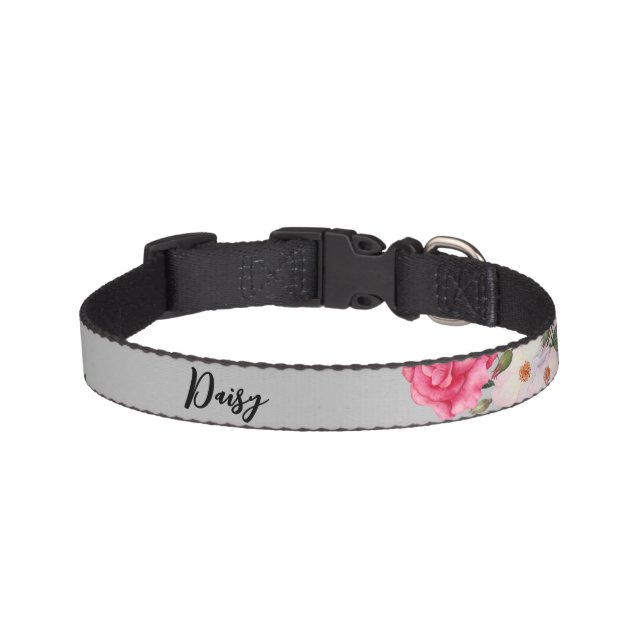 For Pet Vibrant Pink White Roses Plain Gray Collar (Front)