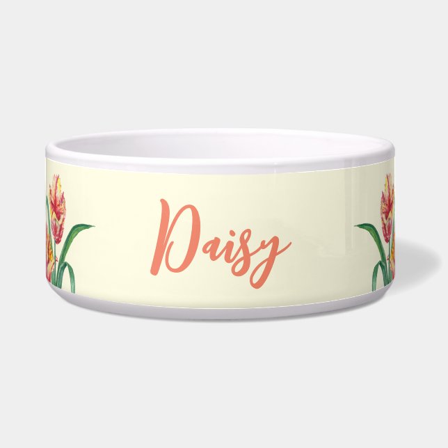 For Pet Watercolor Yellow Parrot Tulips Painting Bowl (Front)