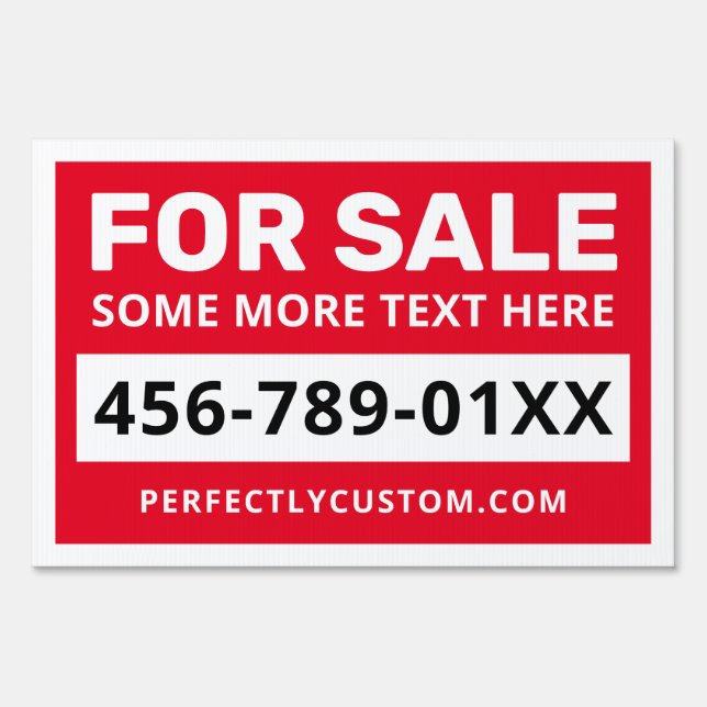 For sale custom text phone number URL white red Sign (Front)