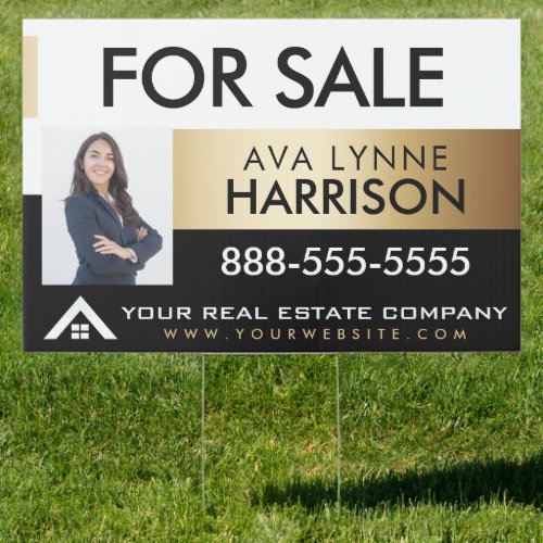 For Sale Real Estate Agent Black White Gold Lawn Sign