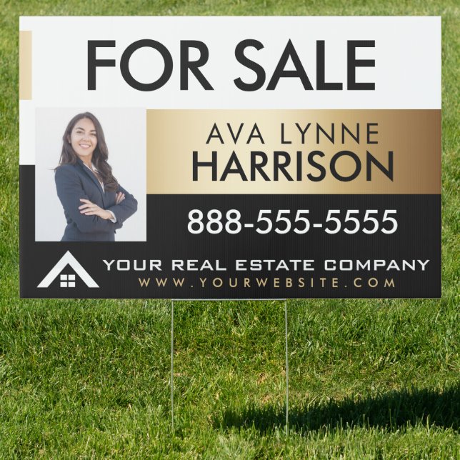 For Sale Real Estate Agent Black White Gold Lawn Sign (Insitu)