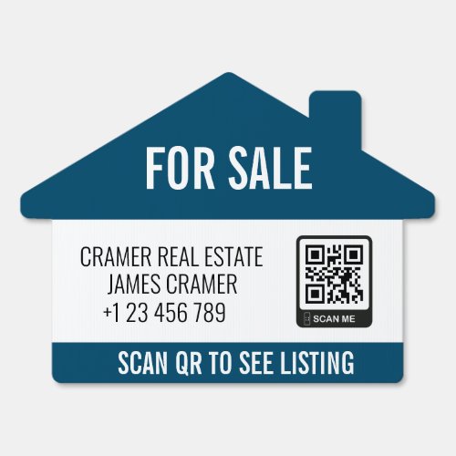 FOR SALE REALTOR SEE QR CODE BLUE WHITE SIGN