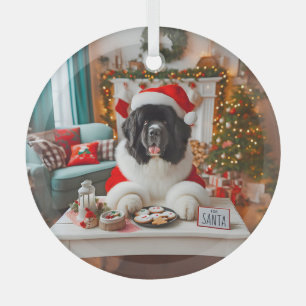 For Santa Newfie Cookie Taster  Glass Ornament