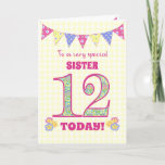 For Sister 12th Birthday Primroses Bunting Card<br><div class="desc">A pretty 12th Birthday card for your sister, with polka dot bunting, primrose flowers and numbers filled with a primrose pattern, all on a pale yellow check gingham background. The front cover message is, 'To a very special SISTER 12 TODAY!' The inside message is just a suggestion and you can...</div>