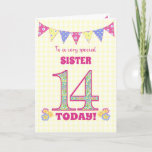 For Sister 14th Birthday Primroses Bunting Card<br><div class="desc">A pretty 14th Birthday card for your sister, with polka dot bunting, primrose flowers and numbers filled with a primrose pattern, all on a pale yellow check gingham background. The front cover message is, 'To a very special SISTER 14 TODAY!' The inside message is just a suggestion and you can...</div>
