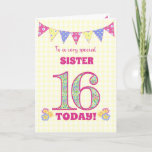 For Sister 16th Birthday Primroses Bunting Card<br><div class="desc">A pretty 16th Birthday card for your sister, with polka dot bunting, primrose flowers and numbers filled with a primrose pattern, all on a pale yellow check gingham background. The front cover message is, 'To a very special SISTER 16 TODAY!' The inside message is just a suggestion and you can...</div>