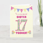 For Sister 17th Birthday Primrose and Bunting Card<br><div class="desc">A pretty 17th Birthday card for your sister, with polka dot bunting, primrose flowers and numbers filled with a primrose pattern, all on a pale yellow check gingham background. The front cover message is, 'To a very special SISTER 17 TODAY!' The inside message is just a suggestion and you can...</div>