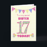 For Sister 17th Birthday Primrose and Bunting Card<br><div class="desc">A pretty 17th Birthday card for your sister, with polka dot bunting, primrose flowers and numbers filled with a primrose pattern, all on a pale yellow check gingham background. The front cover message is, 'To a very special SISTER 17 TODAY!' The inside message is just a suggestion and you can...</div>