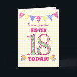 For Sister 18th Birthday Primrose and Bunting Card<br><div class="desc">A pretty 18th Birthday card for your sister, with polka dot bunting, primrose flowers and numbers filled with a primrose pattern, all on a pale yellow check gingham background. The front cover message is, 'To a very special SISTER 18 TODAY!' The inside message is just a suggestion and you can...</div>