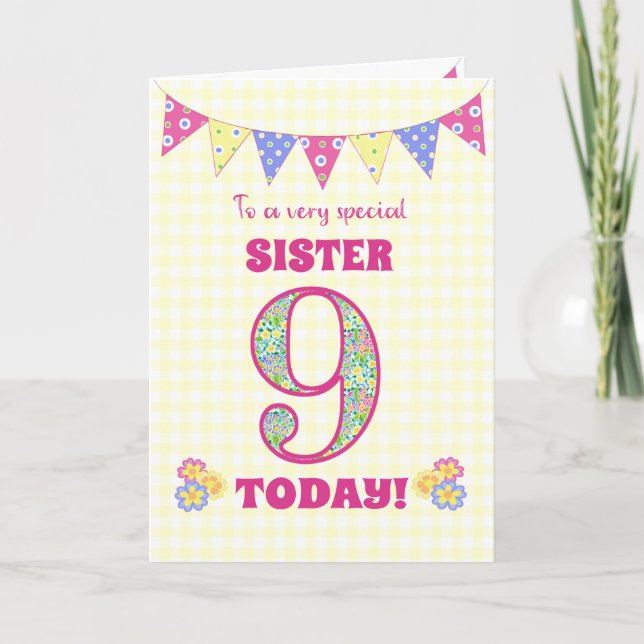 For Sister 9th Birthday Primroses Bunting Card (Front)