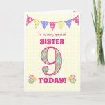 For Sister 9th Birthday Primroses Bunting Card<br><div class="desc">A pretty 9th Birthday card for your sister, with polka dot bunting, primrose flowers and numbers filled with a primrose pattern, all on a pale yellow check gingham background. The front cover message is, 'To a very special SISTER 9 TODAY!' The inside message is just a suggestion and you can...</div>