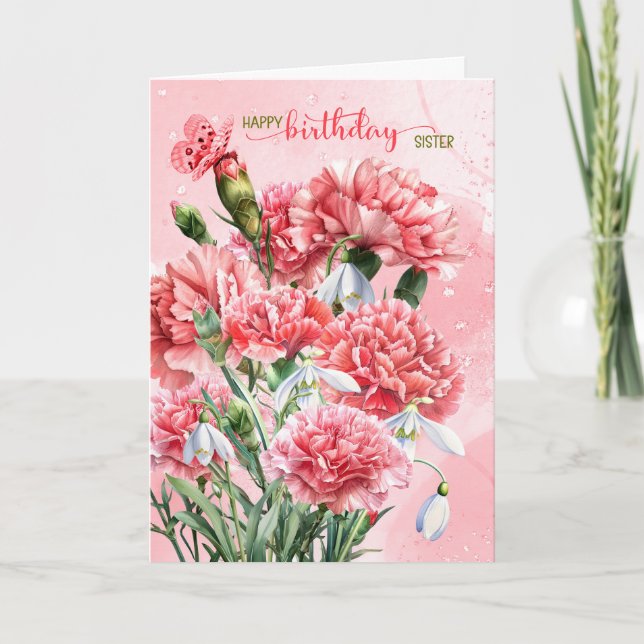 for Sister Birthday Pink Carnations with Snowdrops Card (Front)
