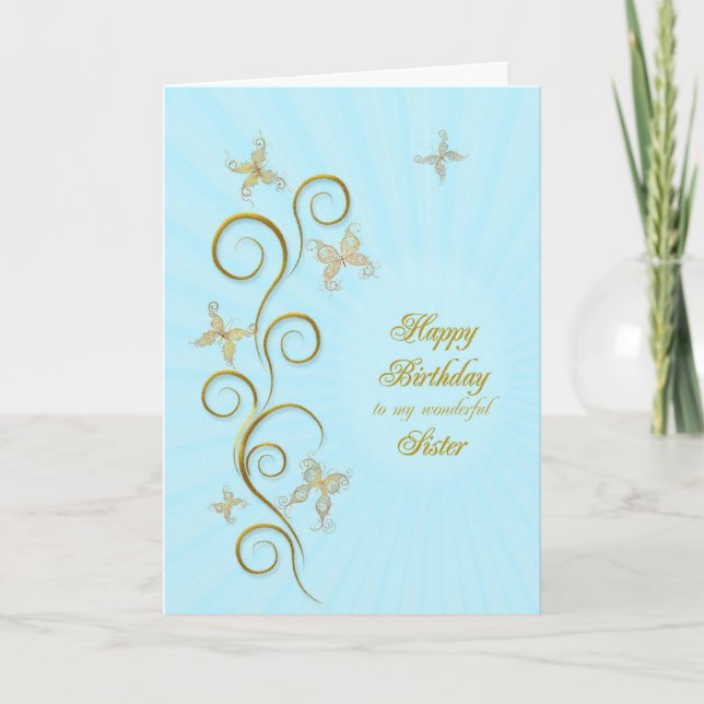 For sister, Birthday with golden butterflies Card (Front)