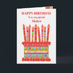 For Sister Custom Age Birthday Cake Card<br><div class="desc">You can add the age to this brightly colored birthday card for your sister, with a strawberry birthday cake. The cake has lots of candles with different patterns and there is a patterned band around the cake with colorful summer fruits - strawberries, raspberries, limes and orange slices. Above the cake,...</div>