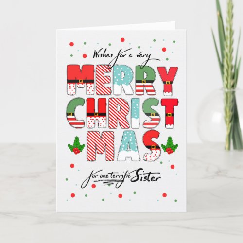 for Sister Merry Christmas Decorated Lettering Holiday Card