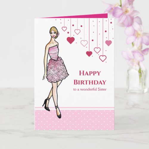 For Sister on Birthday Girl with Pink Roses Dress Card