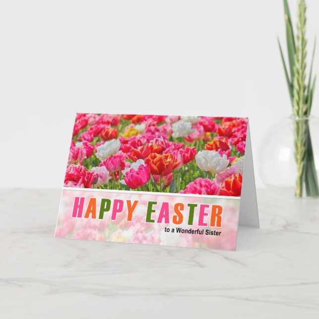 for Sister Pink Tulip Garden Easter Holiday Card (Front)