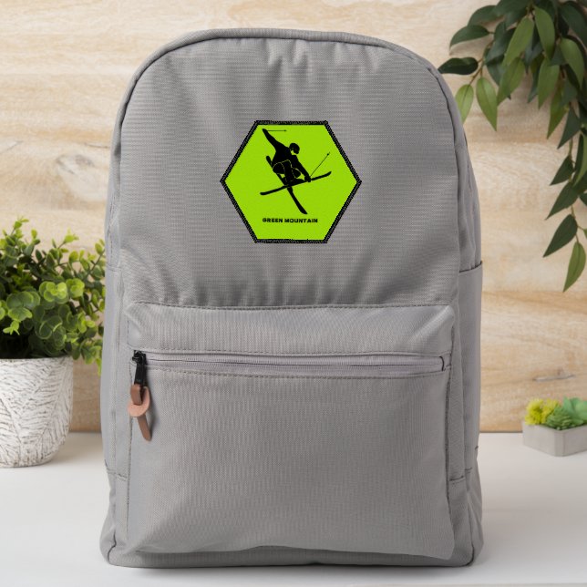 For Skiers, Ski Trick Graphic, Lime Green Custom Patch (On Backpack)