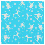 For Skiers Ski Tricks and Snowflakes Graphic Blue Fabric