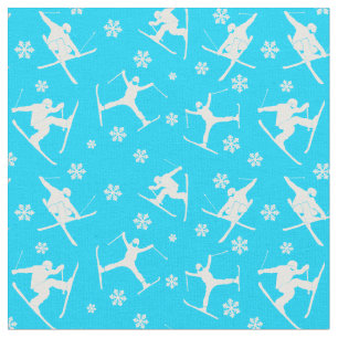 For Skiers Ski Tricks and Snowflakes Graphic Blue Fabric
