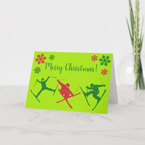 For Skiers Ski Tricks Graphics Red and Green Holiday Card